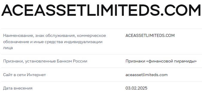 aceassetlimiteds com отзывы